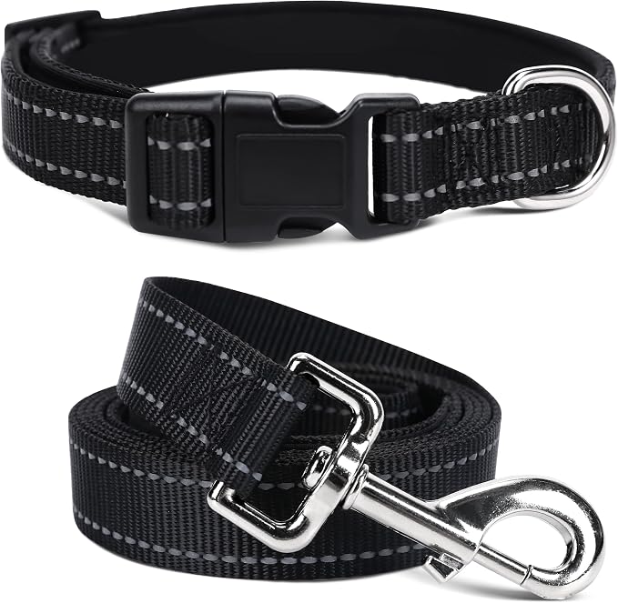 Soft Neoprene Padded Dog Collar and Leash Set for Small Medium Large Dogs, Reflective Durable Nylon Dog Collar with 5ft Leash Easy for Walking, Black,Neck fit 10.5-15.5’’
