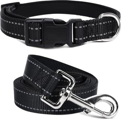 Soft Neoprene Padded Dog Collar and Leash Set for Small Medium Large Dogs, Reflective Durable Nylon Dog Collar with 5ft Leash Easy for Walking, Black,Neck fit 10.5-15.5’’