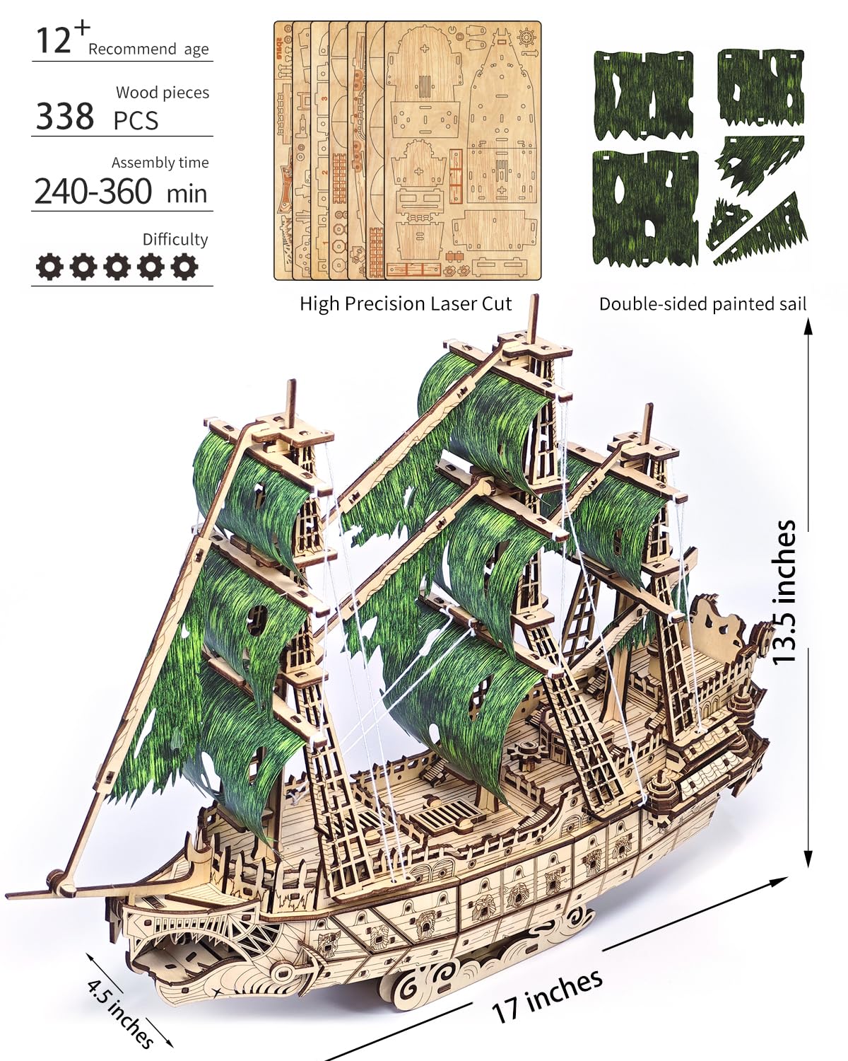 Jigtoy Challenging Flying Dutchman 3D Wooden Puzzles for Adults Pirate Ship Model Kit to Build - Ideal Christmas or Birthday Gift for Puzzle Enthusiasts