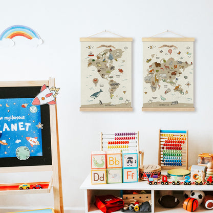 BCUANGD Classroom Wall Decor - Toddlers Kids Wall Art Poster Hanger with Wood Frames Set of 2, Educational Maps Wall Hanging Canvas Decor for Playroom Nursery Toddler Kids Room, 12x16 Inches