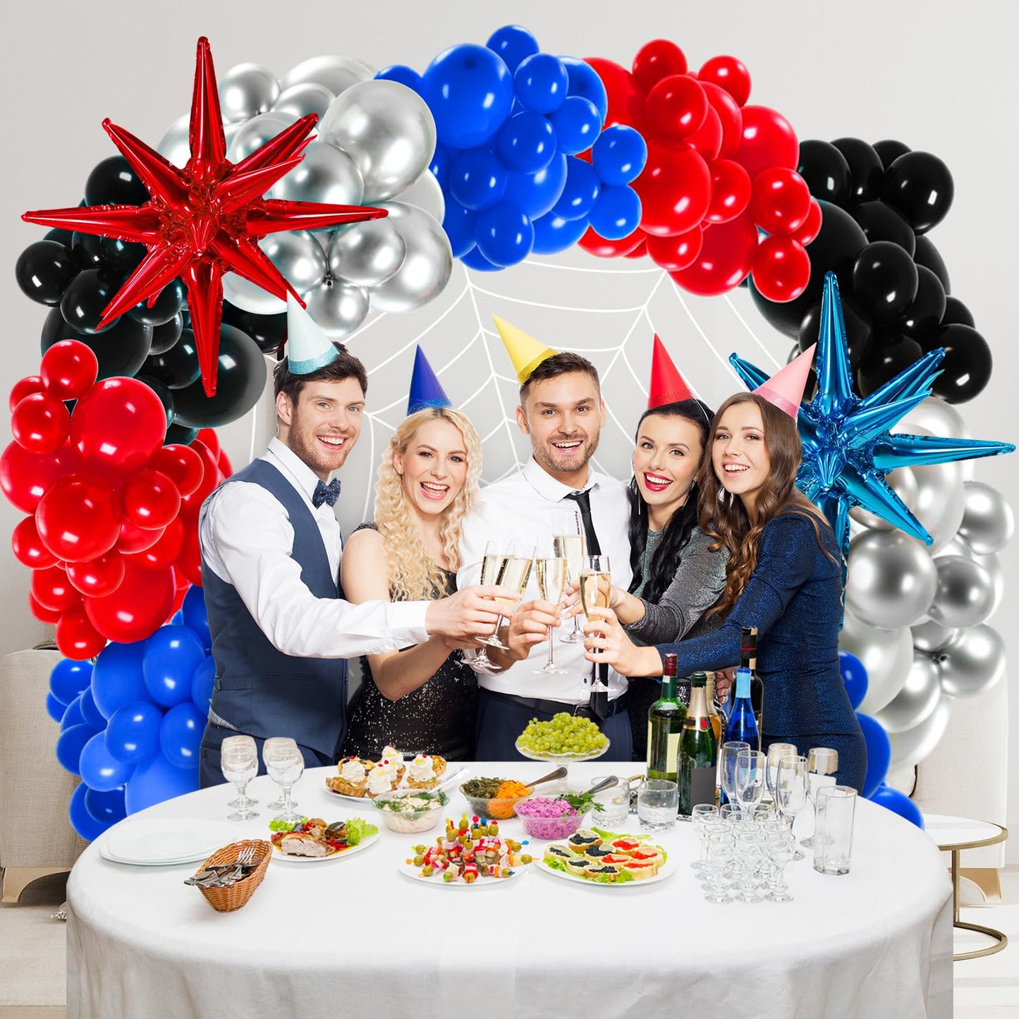 Leyndo 332 Pcs Spider Balloons Arch Garland Kit with 10.8 ft 7 Coils White Fake Spider Web Black Red and Blue Metallic Silver Latex Balloons Arch Kit for Hero Theme Baby Shower Birthday Party Decor