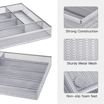 Neudeco Drawer Organizer Set, Silver Mesh, 6 Pack | 5-Compartment Silverware Tray, 5 Utensil Trays, Non-Slip, For Flatware, Cutlery, Office Supplies