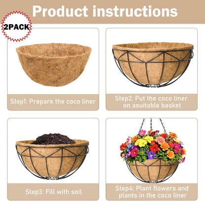 KIDYBELL Hanging Baskets for Outdoor Plants (12 inch 2 Pack) Black Metal Wire Flower Basket Coconut Coir Hanging Planters with Chain Indoor Plant Holder for Patio Garden Balcony