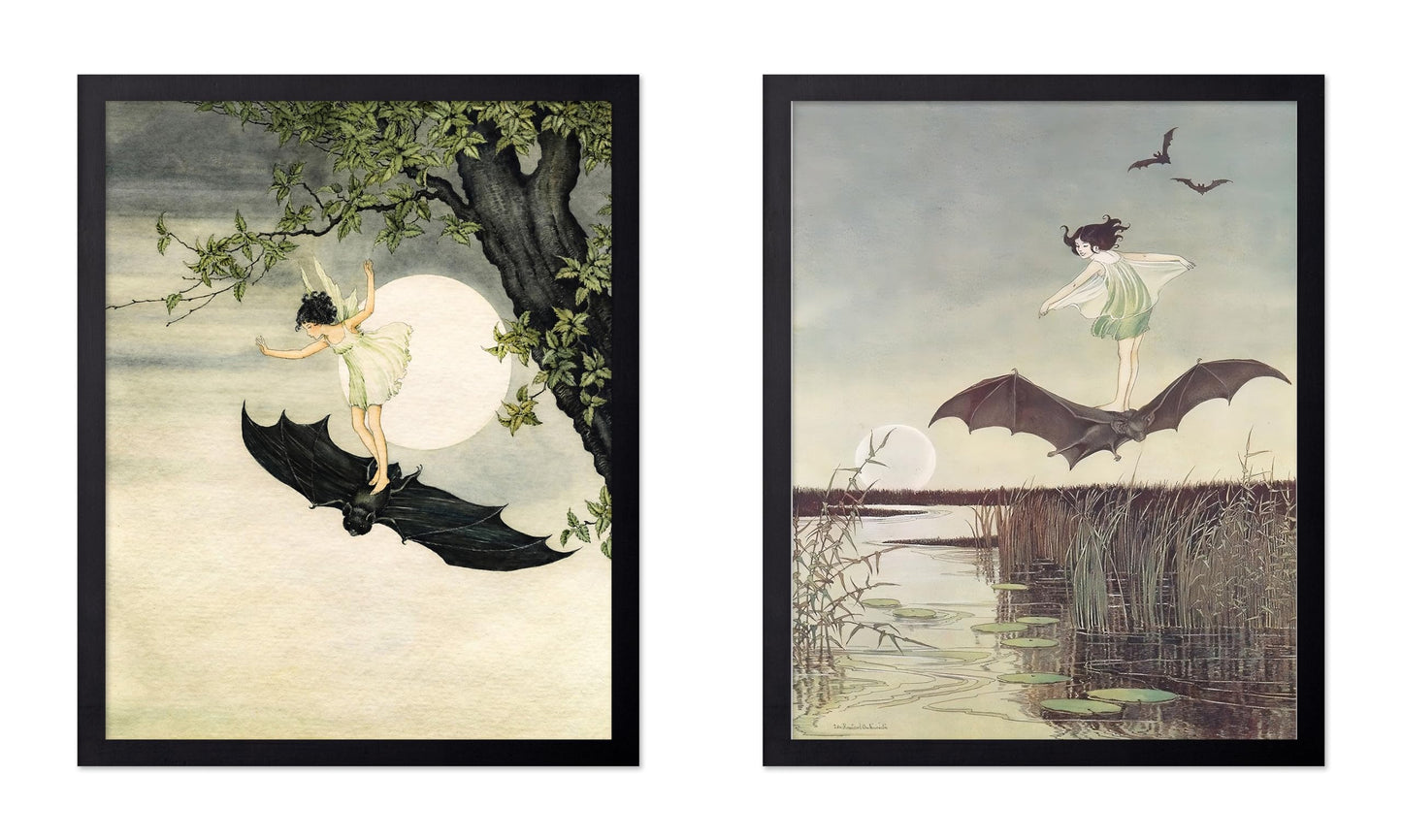 Poster Master 2-Piece Vintage Winged Fairy Riding A Black Bat Poster - Fairytale Print - Mythical Art - Fairy Art - Halloween Creative - Aesthetic Living Room or Bedroom Display - 8x10 UNFRAMED Wall Display