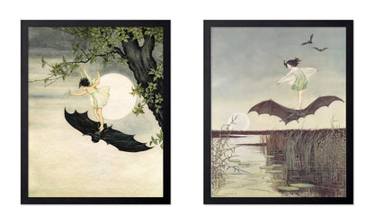 Poster Master 2-Piece Vintage Winged Fairy Riding A Black Bat Poster - Fairytale Print - Mythical Art - Fairy Art - Halloween Creative - Aesthetic Living Room or Bedroom Display - 8x10 UNFRAMED Wall Display