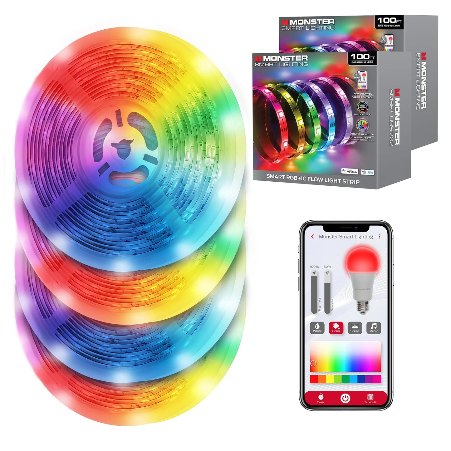 Monster Smart RGB+IC LED Strip Lights 200ft – Sound Reactive Strip Lights for Bedroom, App & Voice Control, RGB Light Strip for Room, Alexa Google Home, Razer Chroma Sync - 1080 RGB+IC LED Lights