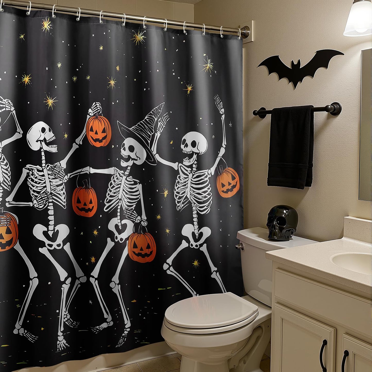 Halloween Shower Curtain: Spooky Dancing Ghosts with Pumpkins Halloween Shower Curtain Set with Hooks, Scary Skull Skeleton Bathroom Decorations for Window Home Farmhouse Indoor Decor, 72' x 72'