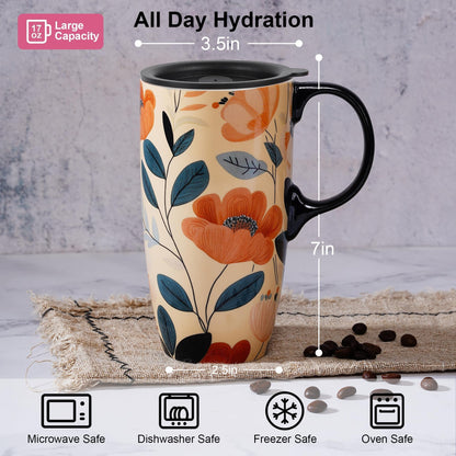 Topadorn Botanical Ceramic Travel Mug with Lid, 17oz Floral Coffee Mug with Handle, Microwave & Dishwasher Safe, Gift Box Included