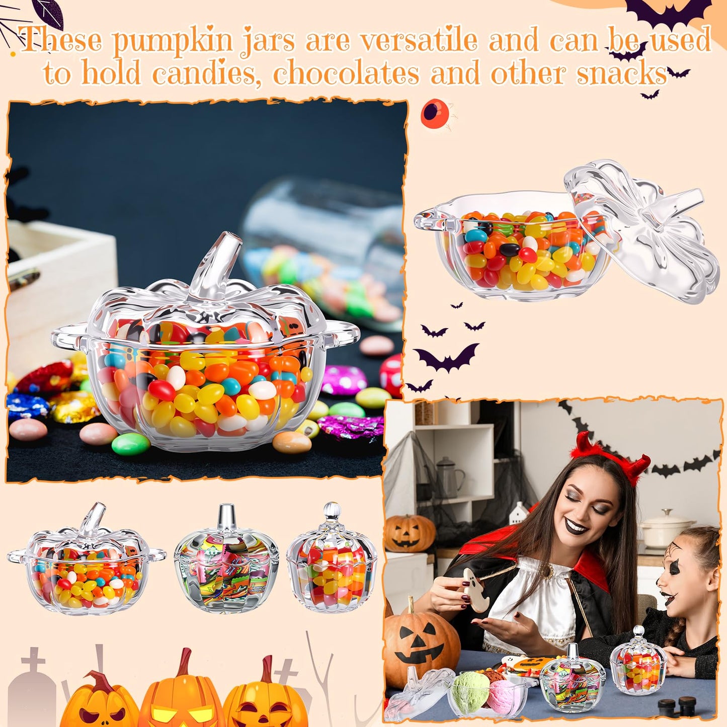 Mimorou 3 Pcs Glass Pumpkin Candy Jar Thanksgiving Clear Candy Bowl Storage with Lids 3 Sizes Fall Cute Snack Crystal Jars for Home Decoration Thanksgiving Centerpieces Wedding Party