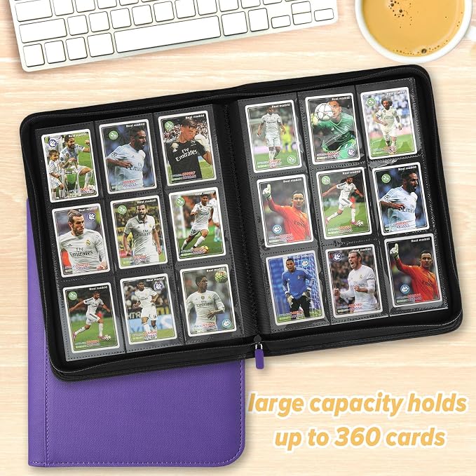 360 Cards Ringless 9-Pocket Side Loading Trading Card Binder, PU Zipper Fixed Page Card Album for TCG Sports Cards, Not Fit Top Loaders (Purple)