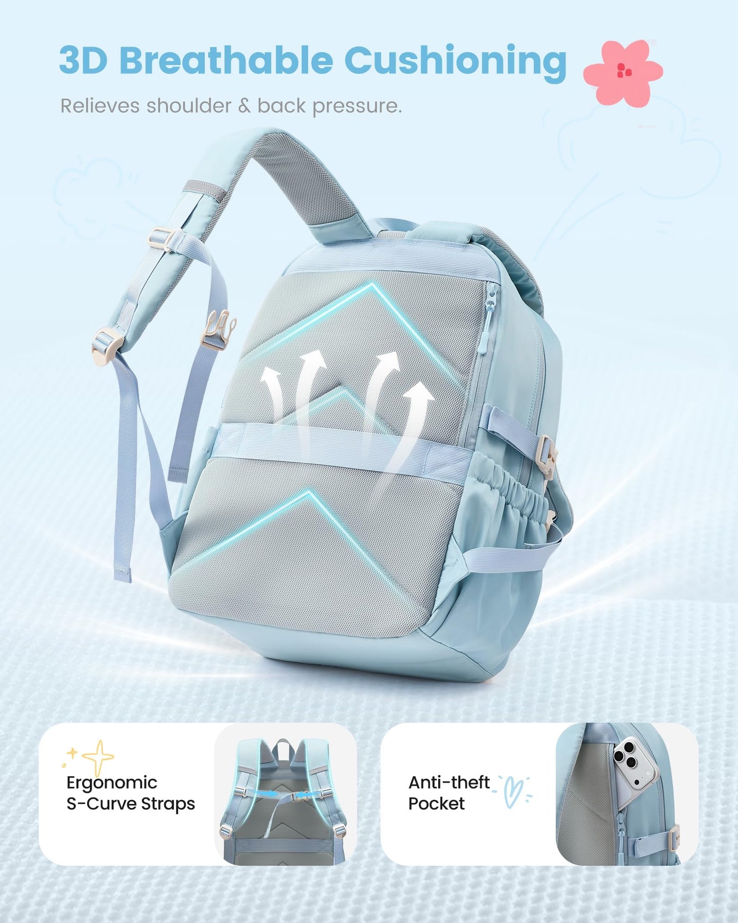 LOVEVOOK School Backpack for Teen Girls, Cute Student Bookbag Fits 15.6 Inch Laptop, Back to School Backpacks for 8-18 Teenager Kid, Large College Travel Back Pack with Water Bottle Holder Blue