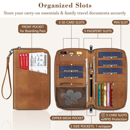 Fintie Family Passport Holder Wallet, RFID Blocking Travel Document Organizer Clutch Bag Credit Cards Case Cover for Women Men, Brown