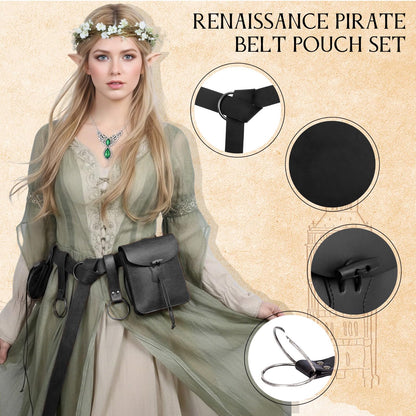 Renaissance Belt Pouch Medieval Pirate Costume Accessories - Viking Faux Leather Waist Bag with Skirt Hikes for Cosplay LARP (Black)