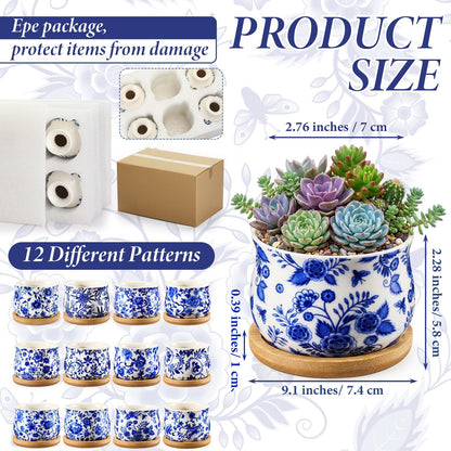Ferrochef 12 Pcs 3" Ceramic Chinoiserie Succulent Plant Pot Blue and White Porcelain Planter with Bamboo Tray Drainage Hole Mini Chinese Flower Jardiniere for Cactus Herbs Home Office Indoor Decor