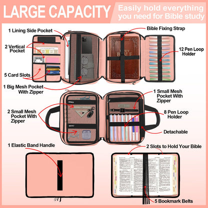IBOVODI Pink Large Bible Cover Case for Women, Bible Study Supplies Bible Journaling Kit Book Carrying Case Church Bag with Shoulder Strap Handle Zipper Pocket, Christian Gifts