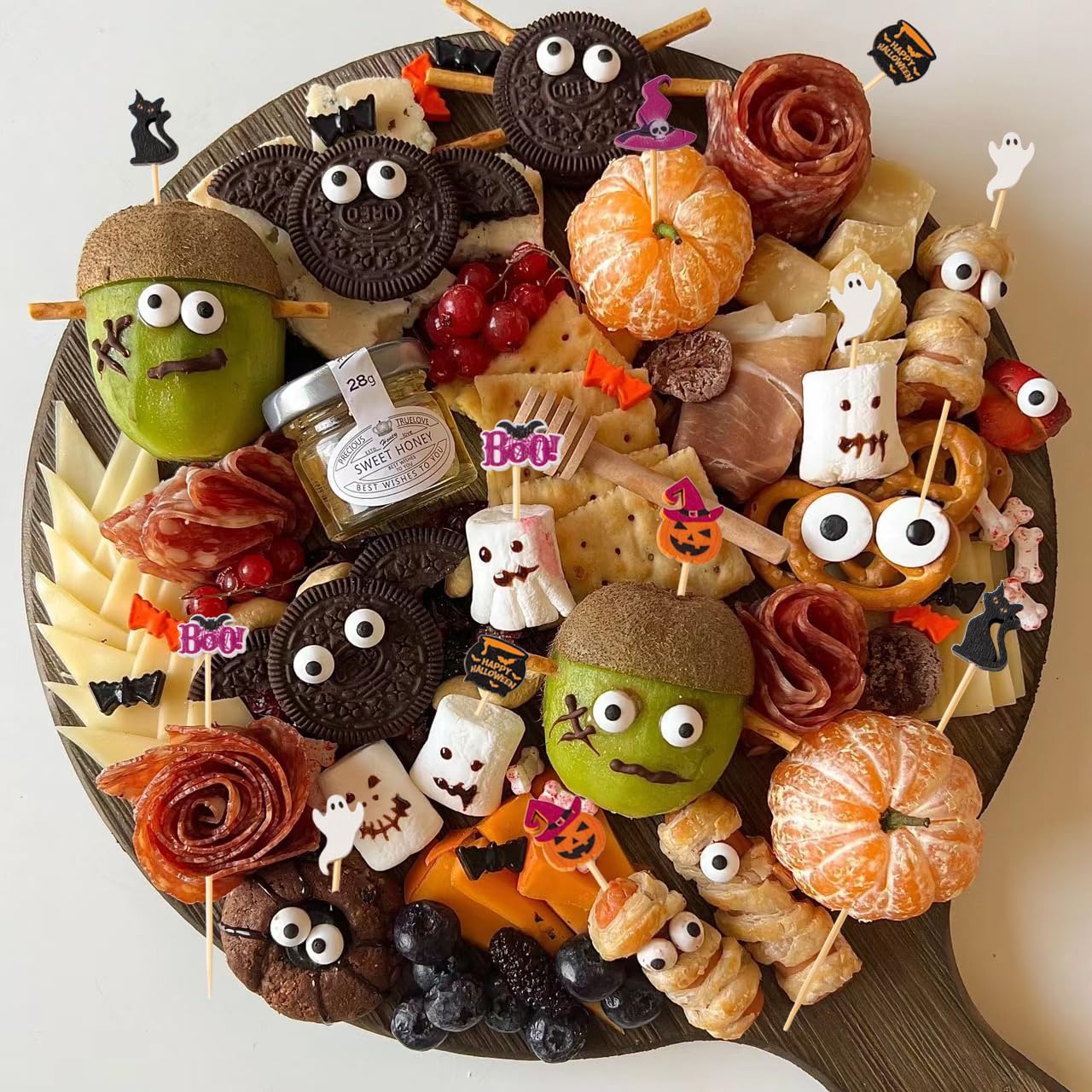 Jiesky 235pcs Halloween Cocktail Picks Halloween Theme cats boo ghosts witch hats pumpkins Bamboo Cocktail Toothpicks Fruit Sticks Sandwich Appetizer Charcuterie Skewers for Halloween Party Supplies