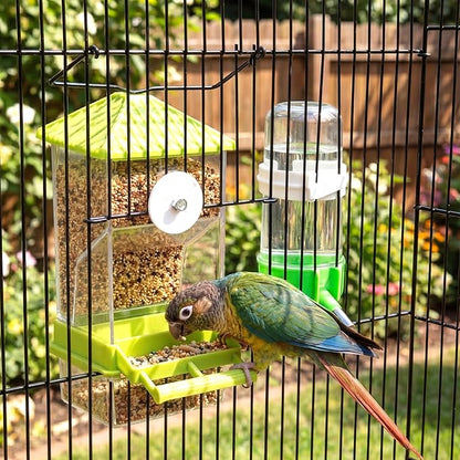 Novabright 7 Pcs No Mess Bird Feeder Water Dispenser Set Include Automatic Parakeet Feeder and Drinker with Bird Paw Grinding Stick Cage Accessories for Small Medium Cockatiel Lovebird(Cute,Green)