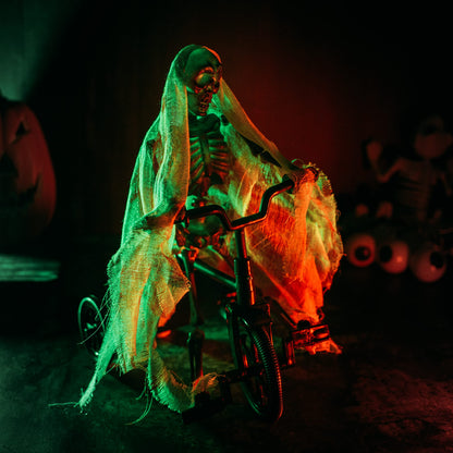 Animated Skeleton Riding Bike Prop – Moving Halloween Decoration with Lights and Spooky Sounds, Creepy Corpse Animatronic for Indoor & Outdoor Haunted House, Scary Yard Decor, Funny Novelty Skeletons