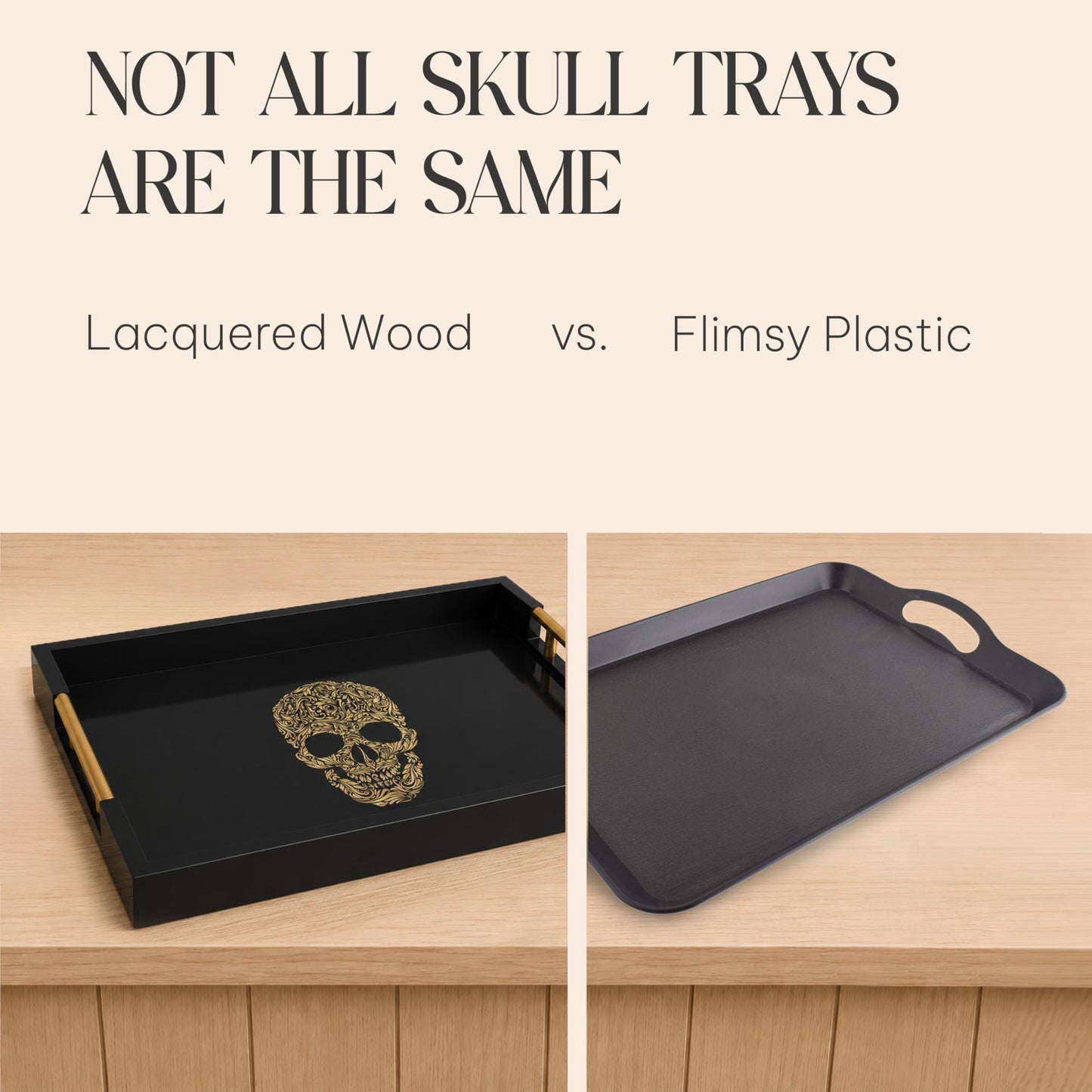 Gothic Skull Serving Tray with Gold Handles – Black Gloss Wooden Ottoman Tray for Coffee Table, Bar, or Kitchen – Elegant Gothic Decor & Unique Gift for Halloween, Horror & Alternative Style Lovers