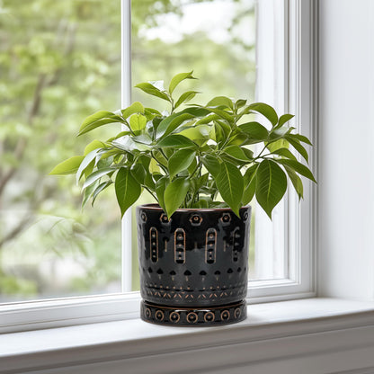 Eightpot Ceramic Plant Pots - 6 Inch Ceramic Planter for Indoor Outdoor, Round Flower Pots with Drainage Hole and Plant Saucer, Boho Decorative Small Planter, House Decor, Gifts for Gardeners, Black
