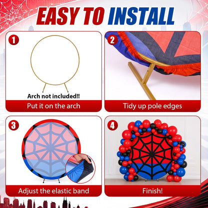 Tegeme 7.2 ft Spiderweb Themed Birthday Round Backdrop Cover Red and Blue Net Circle Arch Backdrop Cover for Photography Baby Shower Birthday Wedding Party Decor