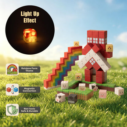 STELLUNE 200PCS Magnetic Blocks with 3 Light Up Pieces, Rainbow Farm Pals Magnetic Building Cubes, STEM Educational Toys for Kids Ages 3+, Ideal Gift for Boys Girls