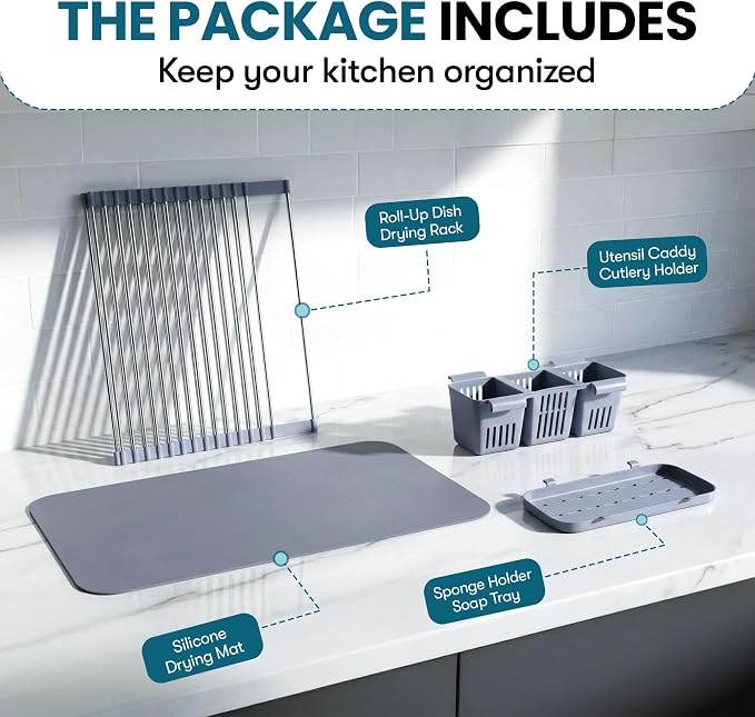 Havenity™ Expandable Roll Up Dish Drying Rack with Drying Mat - Adjustable Up to 22.75" with 2 Free Attachments & 2 Removable Baskets, 304 Stainless Steel Over The Sink Dish Drying Rack Cover Kitchen