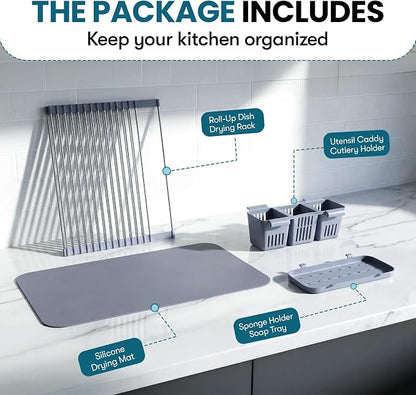 Havenity™ Expandable Roll Up Dish Drying Rack with Drying Mat - Adjustable Up to 22.75" with 2 Free Attachments & 2 Removable Baskets, 304 Stainless Steel Over The Sink Dish Drying Rack Cover Kitchen