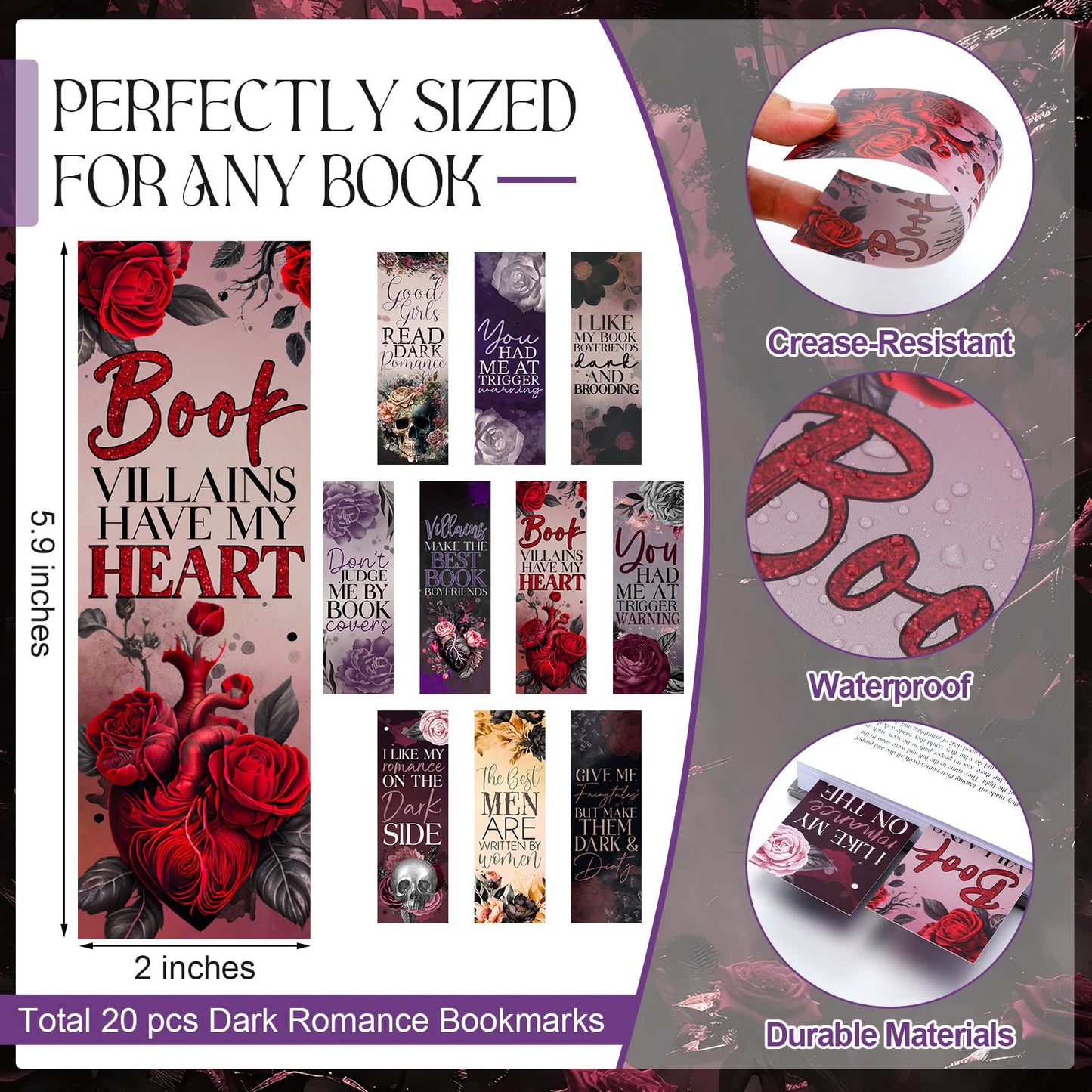 Affrolling 60 Pcs Dark Romance Bookmarks and Pens Merch Double Sided Romance Smutty Spicy Book Lover Gifts Romantasy Skeleton Page Marker Clip Gifts for Women Teachers Reading
