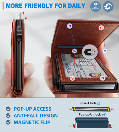 Housmai Wallet for Men, Slim Pop Up Card Holder with RFID Blocking, Minimalist Bifold Wallet with 9 Card Slots, ID Window and Cash Pocket, Metal Flip Case with Magnetic Closure, Gift Box