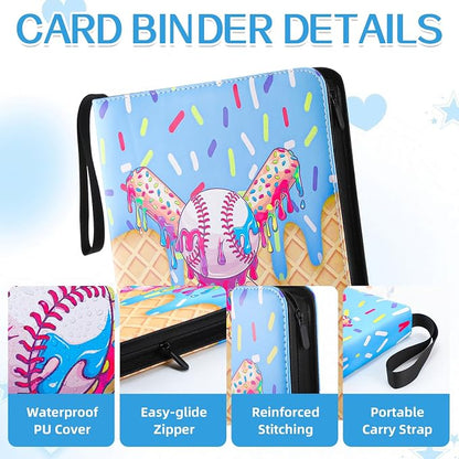 Ice Cream Drip Pattern Baseball Card Binder Waterproof Trading Card Binder Portable Collector Cardholder Album Case Gifts Baseball Cardholder for Boys Sports Game Supplies(900 Pocket,Blue)