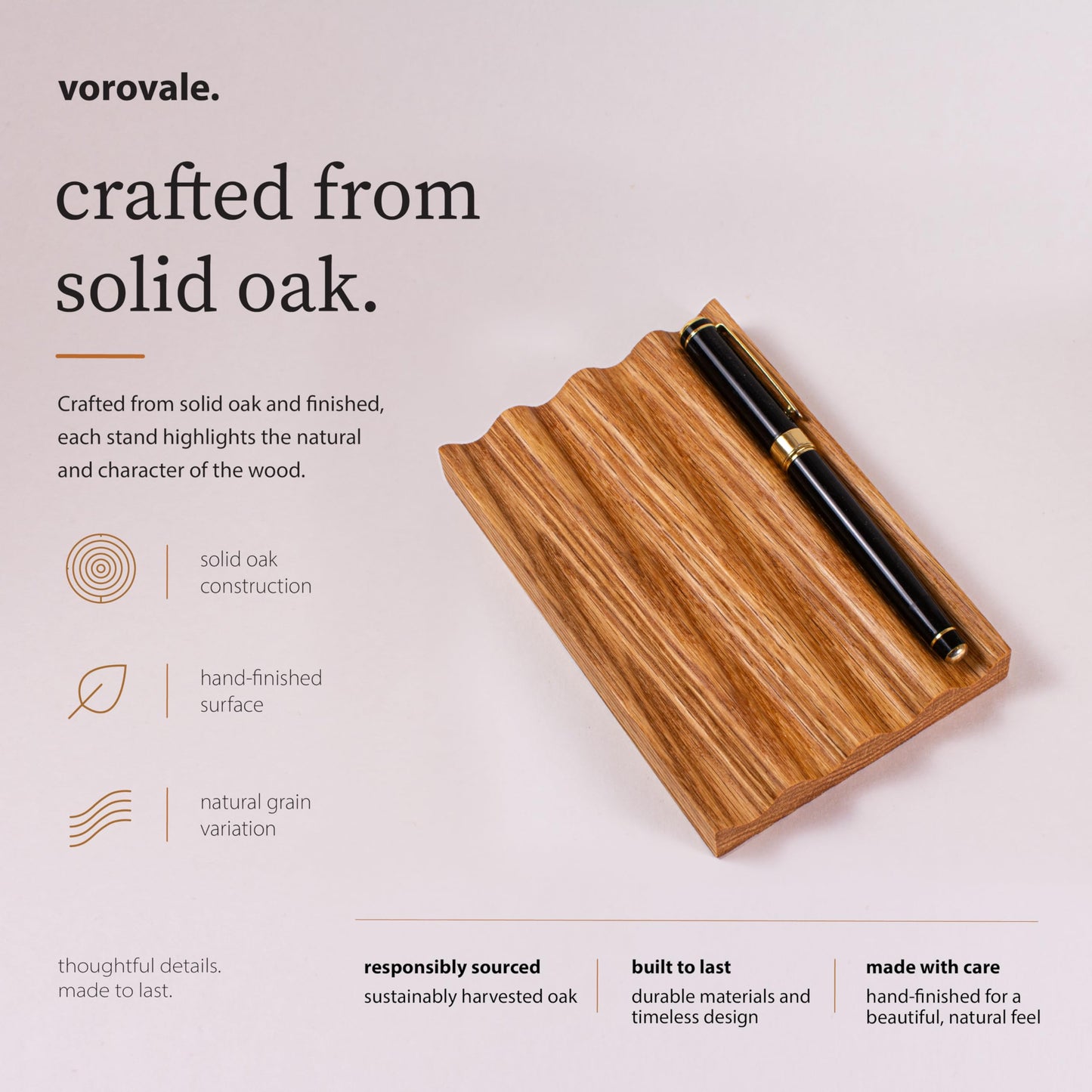 Vorovale Solid Oak Pen Tray, Minimalist Desk Organizer, Natural Wood Pen Holder with Rounded Wavy Channel, Handcrafted Office Accessory