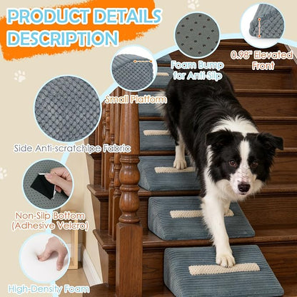 Foam Dog Ramp for Stairs, Low-Impact Climbing Dog Stairs for Senior Dogs | 5.1"H, 2 Pack, 40D High-Density Foam Won't Collapse, Protects Joints, Anti-Slip & Self-Sticky Pads, Washable Cover, Grey