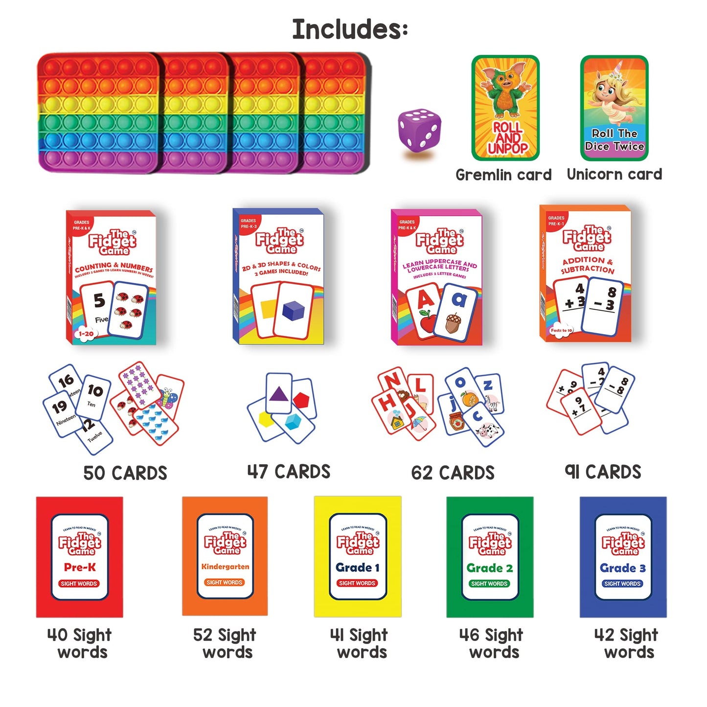 THE FIDGET GAME Kindergarten Learning Bundle - Flashcards and Pop Fidget Toys for Kids Pre-K to Grade 3 - Learning Activities and Games for High-Frequency Dolch Sight Words - Includes Mats and Dice