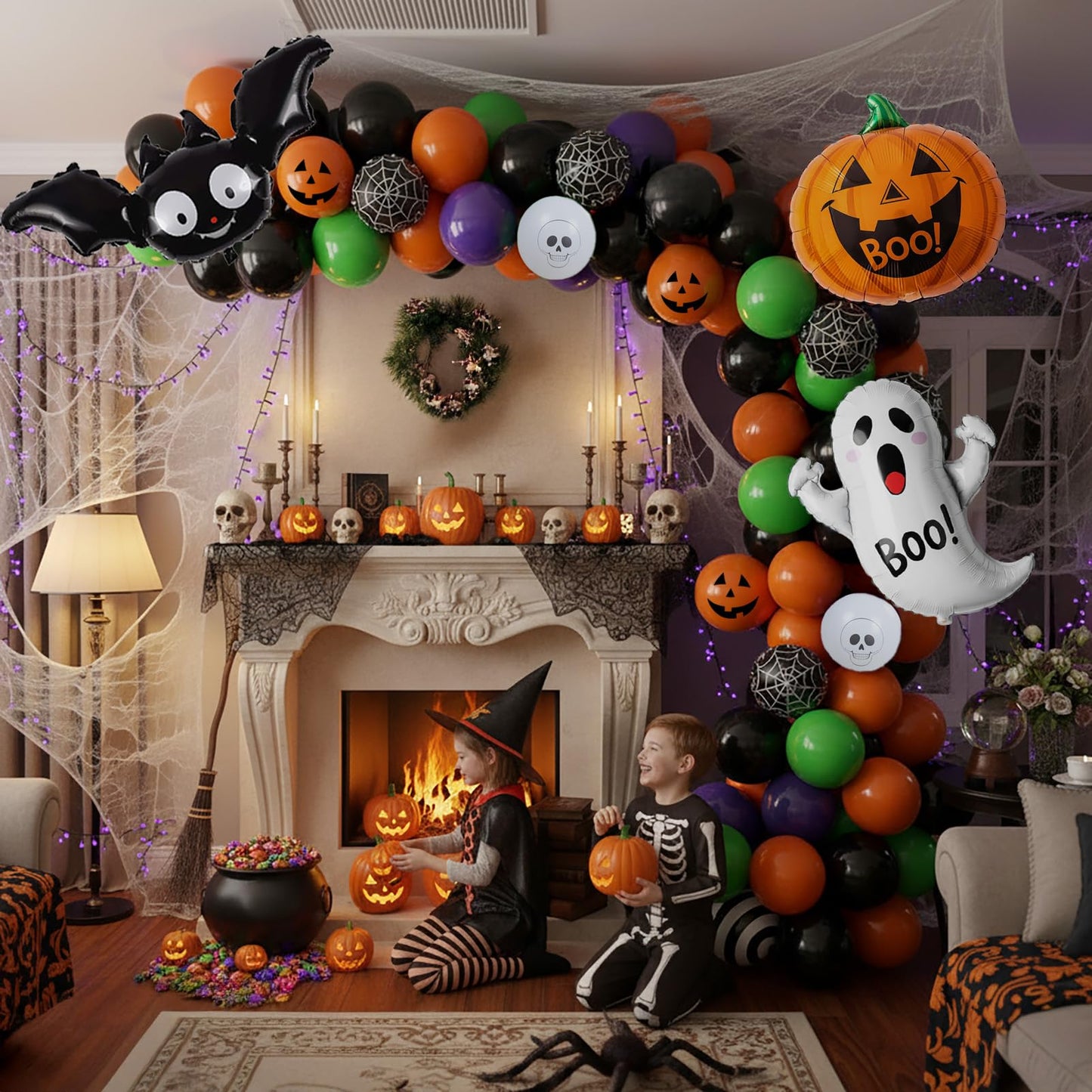 Halloween Party Decorations with Orange Black Green Purple Garland Balloon arch & Spider Web Bat Ghost Pumpkin Stripes Foil Balloons for one spooky dude 1st Horror Night Birthday Supplies