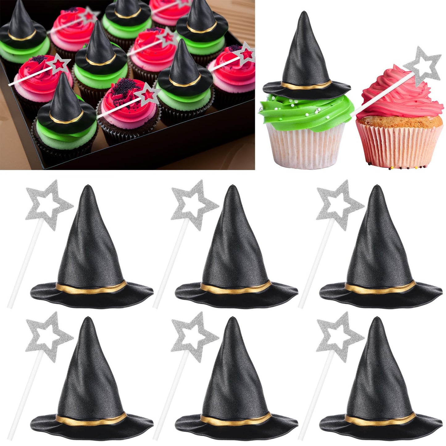 Funnymoom 30 Pcs Witch Party Supplies Witch Hat and Star Cupcake Topper Wizard Hat Princess Cake Decorations Halloween Cupcake Topper Sticks Dessert Cake Accessories for Birthday Party Supplies