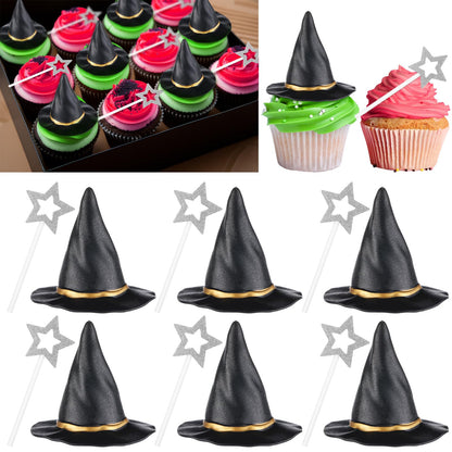 Funnymoom 30 Pcs Witch Party Supplies Witch Hat and Star Cupcake Topper Wizard Hat Princess Cake Decorations Halloween Cupcake Topper Sticks Dessert Cake Accessories for Birthday Party Supplies