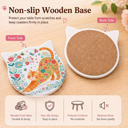 LemonRoad 4 Pack Cat Ear Coasters for Drinks 4.25 Inch Cute Absorbent Ceramic Coasters Non-slip Wooden Base for Housewarming Cat Lovers Gifts Kitchen Home Office decorate for Cold Drinks Wine Mugs Cup