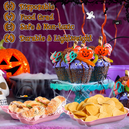 Sawysine 24 Pieces Halloween Party Serving Trays, Plastic Orange Pumpkin Black Cat White Ghost Plates Halloween Party Tableware Supplies for Holiday Decorations(Pink,Ghost)