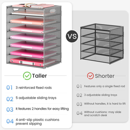 Lavatino 8-Tier Office Desk File Organizer, Letter Tray Paper Organizer with Handle, Including 5 Adjustable Slide Trays for Organizing Desktop Workspace Accessories and Supplies (Silver Metal Mesh)