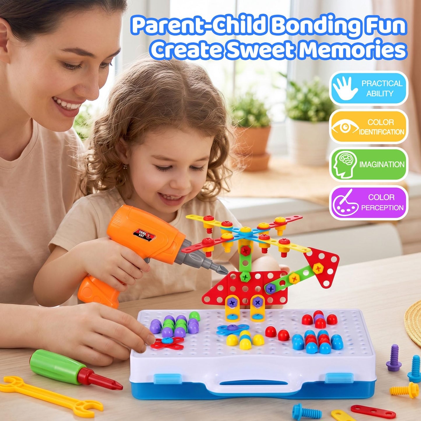 224 PCS STEM Building Toys for Kids Ages 4-8, Creative Mosaic Drill Set with Electric Drill & Screwdriver, 2D/3D Building Blocks Kit, Educational Birthday Gift for 5 6 7 8 9 10 Year Old Boys Girls