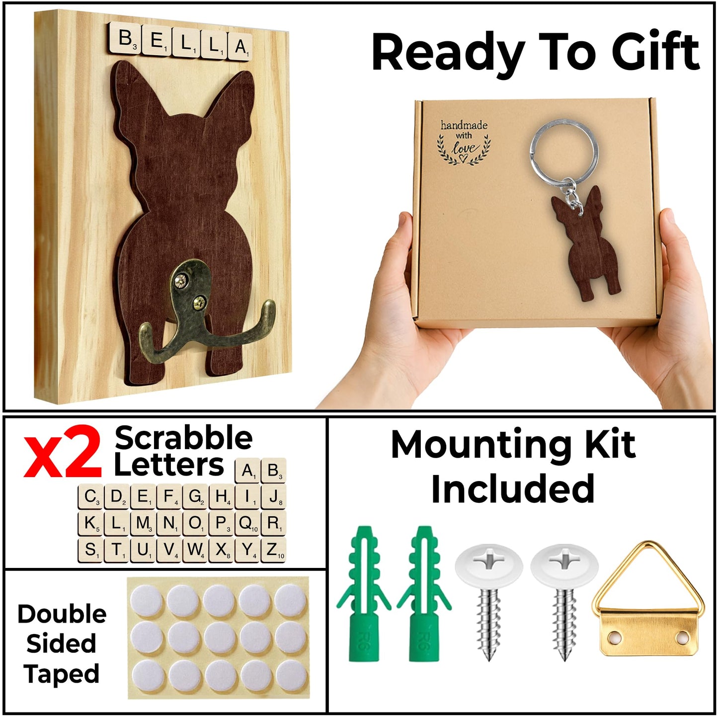 Boston Terrier Dog Leash Holder Wall Mount with Scrabble Letters, Wooden Dog Hook Organizer, Pet Collar and Harness Holder, Key and Leash Rack for Entryway, Gift for Pet Lovers, Home Decor PF297-15