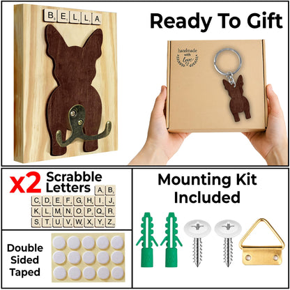 Boston Terrier Dog Leash Holder Wall Mount with Scrabble Letters, Wooden Dog Hook Organizer, Pet Collar and Harness Holder, Key and Leash Rack for Entryway, Gift for Pet Lovers, Home Decor PF297-15
