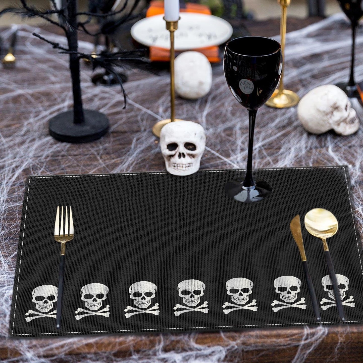 Bayson Halloween Pirate World Skull Placemats Set of 4, 12x18 Inch Skeleton Patriotic Country Table Mat, Non-Slip and Washable Linen Place Mat for Home Party Decoration