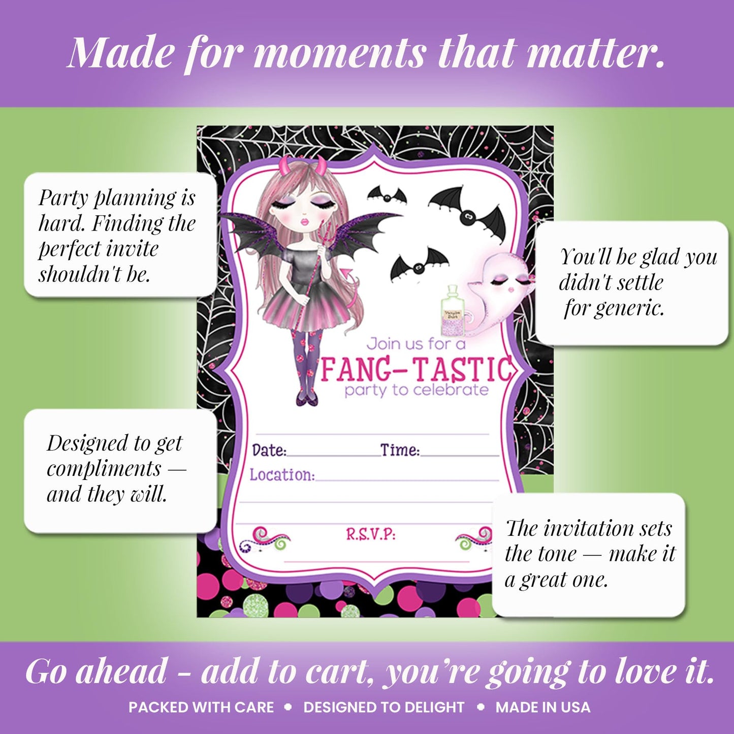 Fang-tastic Vampire Girl Halloween Theme 20 Birthday Invitations 5x7 Fill-In Cards with Envelopes, Kids Party Stationery Set, Cute Ghost Bat Polka Dot Spider Web Design, Made in USA by Amanda Creation
