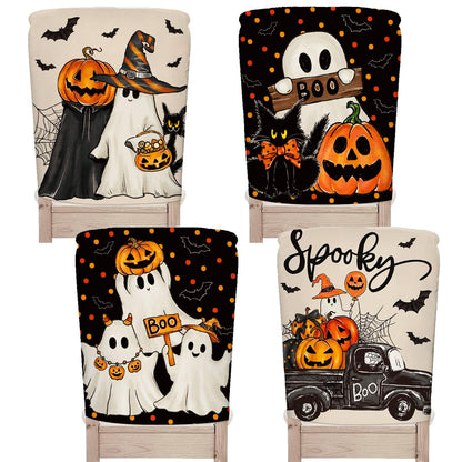 JarThenaAMCS 4Pcs Halloween Chair Back Cover Spooky Boo Ghost Bat Pumpkin Face Seat Covers Dining Chair Slipcover Protector for Trick or Treat Home Kitchen Decor