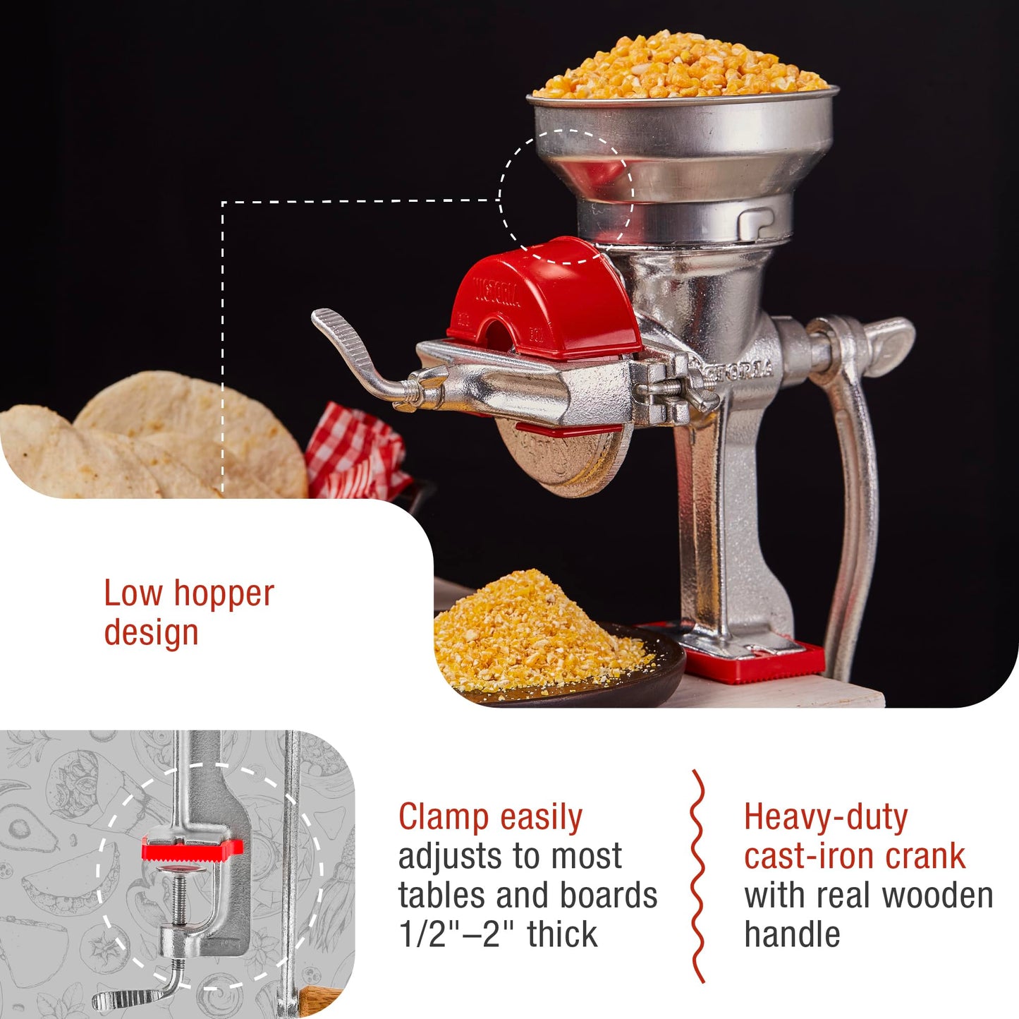 Victoria Manual Cast Iron Grain Mill with High Hopper, Premium Corn-Grinding Mill and Grain Grinder, Made in Colombia