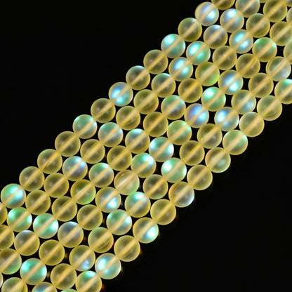10mm Matte Yellow Mermaid Aurora Crystal Glass Bead, Glitter Round Synthetic Moonstone Beads for Jewelry Making Bracelets
