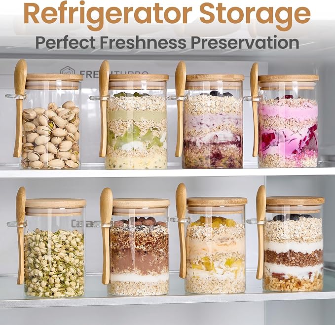 4 Pack Overnight Oats Containers with Bamboo Lids and Spoons - 22 oz Airtight Glass Jars with Lid, Meal Prep Jars for Chia Pudding, Yogurt, Salad, Cereal, Coffee, Flour | Food Storage Canister