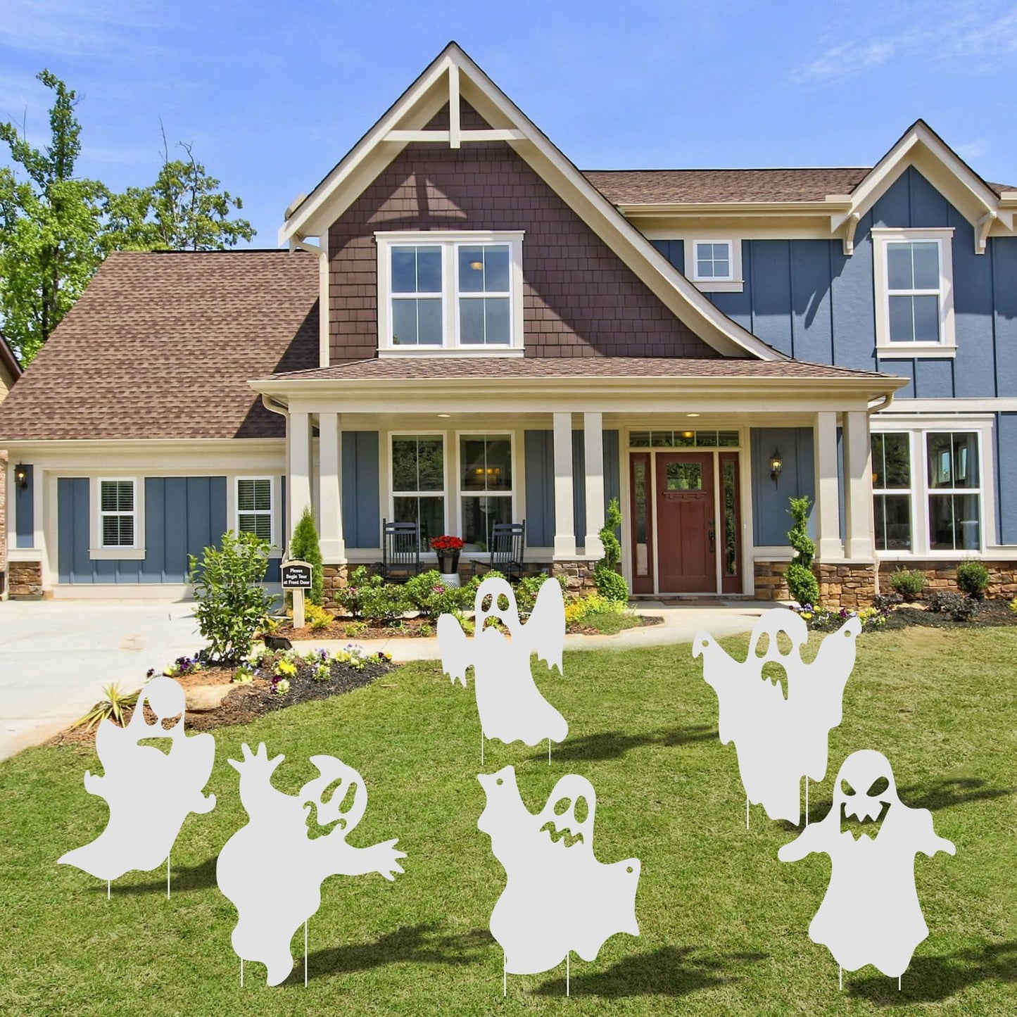 OuMuaMua Outdoor Halloween Decorations Signs - 6pcs Ghost Decor Halloween Yard Signs with Stakes LED Light Up Eyes for Garden Yard Scary Decorations Outside